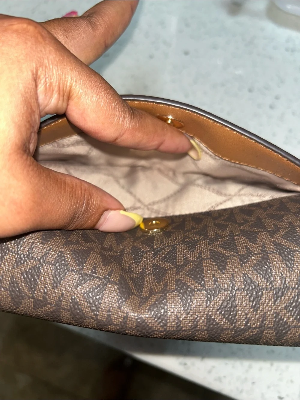 Like new Michael Kors Brown Logo Crossbody with Tan Leather and Gold Chain